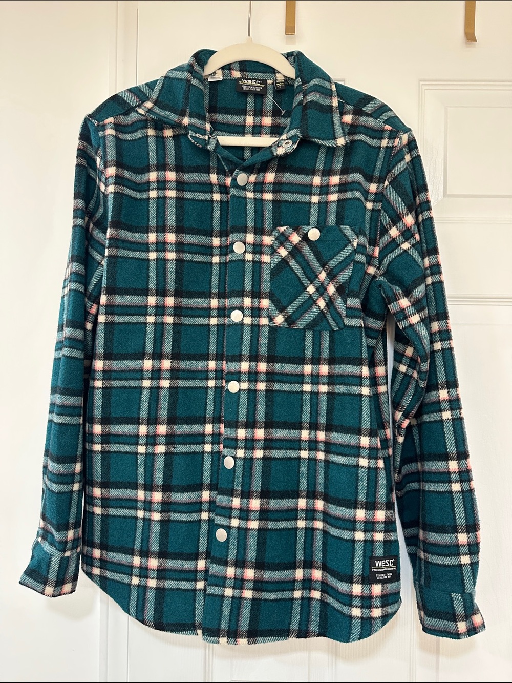 Wesc Teal and Black Plaid Snap-Front Shirt Jacket